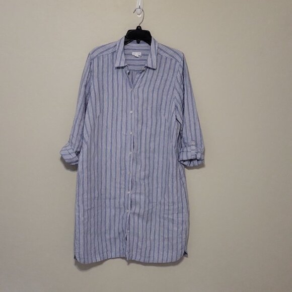 J. Jill Linen Front Button Shirt Dress Sleeves Roll up Small Collar Blue Size L - Picture 1 of 15